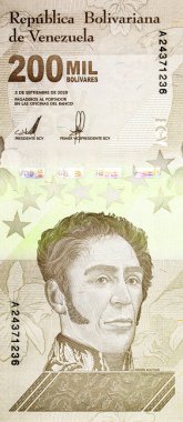 200.000 Bolivares, Venezuela askeri lider Simon Bolivar 'ın görüntüsüyle. Eski hiperenflasyon parası. Venezuela 'nın parası.