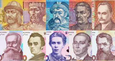 Ünlü insanların portre parçalarıyla Ukrayna parası. Ukrayna para birimi Hryvnia.