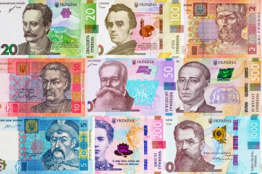 Ünlü insanların portre parçalarıyla Ukrayna parası. Ukrayna para birimi Hryvnia.