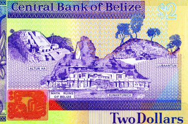 2 Dolar, Belize 'de Maya harabeleri. Belize 'nin ulusal para birimi. Büyük Britanya kolonilerinin parası..