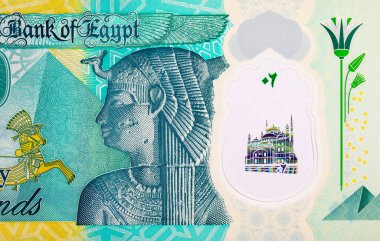 20 Pound Mısır 'da Kraliçe Kleopatra ve Büyük Piramitlerin portresi var. Mısır 'ın ulusal para birimi. Polimer para.