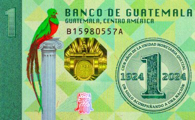 1 Quetzal, Guatemala. Üzerinde Quetzal ulusal kuşunun resmi olan bir banknot parçası. Guatemala 'nın parası