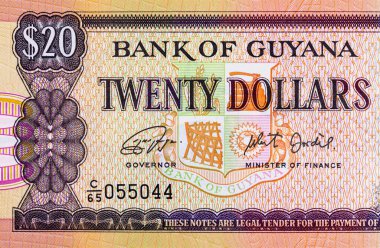 20 dolarlık Guyana, tasarım için bir banknotun parçası. Guyana 'nın parası.