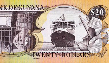 İçinde gemi inşaatı ve feribot gemisi Malali resmi olan 20 dolarlık Guyana. Guyana 'nın parası.