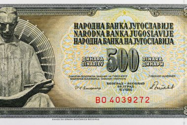 Niagara Şelalesi 'nde Nikola Tesla' nın resmi sergilenen 1986 tarihli 500 Dinara Yugoslavya banknotu. Yugoslavya 'nın antika parası