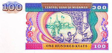 100 Kyats Myanmar, çalışan insanların ve geleneksel mimarinin görüntüleri. Myanmar 'ın Eski Kağıt Parası
