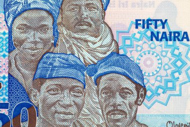 Nijerya 'nın 50 farklı insanının portresiyle 50 Naira Nijerya. Afrika halkı. Nijerya 'nın yeni polimer parası.
