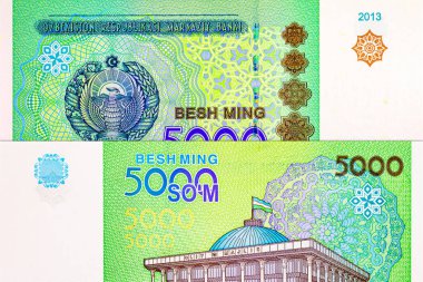 Özbekistan ambleminin resmedildiği 5000 Sum Özbekistan. Özbekistan 'ın kağıt parası
