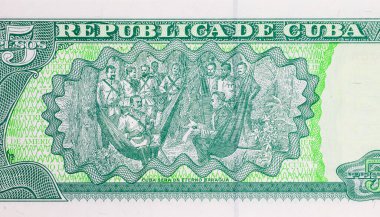 5 peso, Küba 1878 'de Mangos de Baragua' da A. Maceo ve İspanyol General A. Martinez Campos arasında konferans düzenlendi. Kâğıt para Küba.