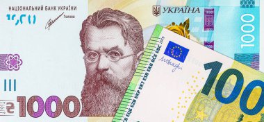 Avrupa Birliği 'nden 100 Euro ve Ukrayna' dan 1000 Hryvnia. Avrupa 'nın parası. Ukrayna 'nın parası.