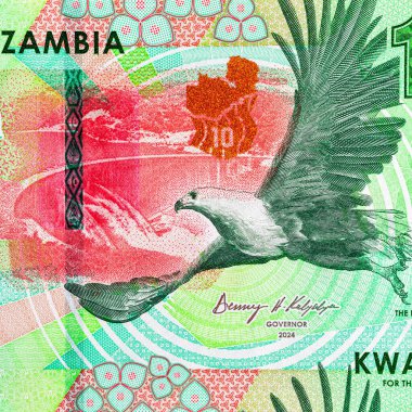 10 Kwacha Zambiya 'da baraj ve kartal resmi var. Zambiya ve Afrika 'nın parası.