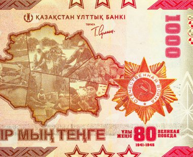 Kazakistan 'daki Zafer Günü Banknote 1000, Kazakistan, 2025, Kazakistan haritası ve Vatanseverlik Savaşı Düzeni. Kazakistan 'ın yeni parası