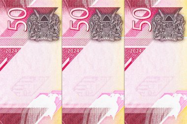 Banknote 50 Shillings Kenya ilk başkan Jomo Kenyatta 'nın heykeli ve konferans merkezi. Para Kenya ve Afrika