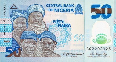 Nijerya 'nın 50 farklı insanının portresiyle 50 Naira Nijerya. Afrika halkı. Nijerya 'nın yeni polimer parası.