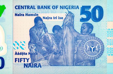 50 Naira Nijerya ve balıkçı portresi. Afrika halkı. Nijerya 'nın yeni polimer parası.