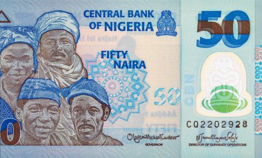 Nijerya 'nın 50 farklı insanının portresiyle 50 Naira Nijerya. Afrika halkı. Nijerya 'nın yeni polimer parası.