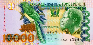 10000 Dobra, Sao Tome ve Principe Ossobo kuşunun görüntüsüyle. Sao Tome ve Principe 'nin kağıt parası.