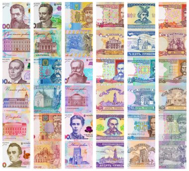Ünlü insanların portre parçalarıyla Ukrayna parası. Ukrayna para birimi Hryvnia.
