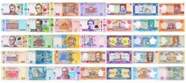 Ünlü insanların portre parçalarıyla Ukrayna parası. Ukrayna para birimi Hryvnia.