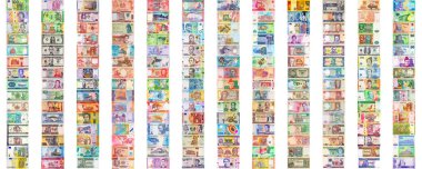 Dünyanın farklı ülkelerinden gelen para. Kağıt para mozaiği. Paranın arka planı