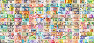 Dünyanın farklı ülkelerinden gelen para. Kağıt para mozaiği. Paranın arka planı