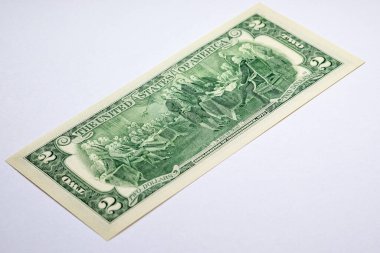 Amerika Birleşik Devletleri 'nin 2 dolarlık Bağımsızlık Bildirgesi' nin yer aldığı ters tarafın detayları. Amerika Birleşik Devletleri 'nin kağıt parası..