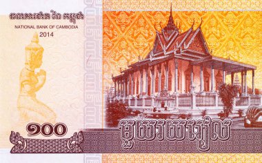 Zümrüt Buddha Tapınağı 'ndan 100 Riel Kamboçya banknotu. Kamboçya parası.
