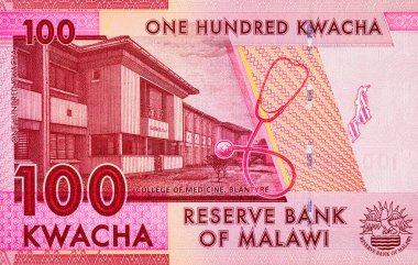 Blantyre Tıp Fakültesi ve stetoskop içeren 100 Malawian Kwacha banknotu. Malavi 'nin parası. Afrika kağıt para arka planı.