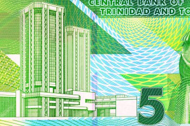 5 Dolar Trinidad ve Tobago polimer banknotları İspanya Limanı 'ndaki Eric Williams Finansal Kompleksi' nde. Trinidad ve Tobago Plastik Para