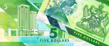 5 Dolar Trinidad ve Tobago polimer banknotları İspanya Limanı 'ndaki Eric Williams Finansal Kompleksi' nde. Trinidad ve Tobago Plastik Para
