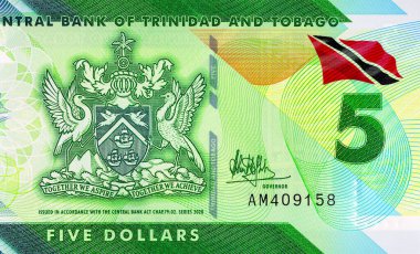 Trinidad ve Tobago 'nun Macro detayı. Ulusal Arma Arması' nın olduğu 5 dolarlık polimer banknot. Plastik para Trinidad ve Tobago.