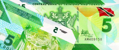 Trinidad ve Tobago 'nun Macro detayı. Ulusal Arma Arması' nın olduğu 5 dolarlık polimer banknot. Plastik para Trinidad ve Tobago