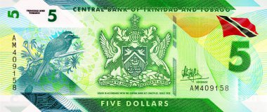 Trinidad ve Tobago 'nun Macro detayı. Ulusal Arma Arması' nın olduğu 5 dolarlık polimer banknot. Plastik para Trinidad ve Tobago