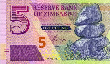 Epworth 'teki Chiremba Dengeleyici Kayalar' dan 5 Dolar Zimbabwe Banknote. Zimbabve parası. Afrika Para Birimi.