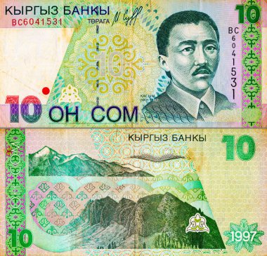10 Som Kırgızistan banknotu Kasym Tynystanov. Asya 'nın parası. Kırgızistan para birimi.