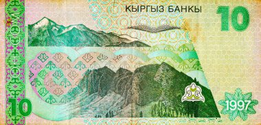 Kırgızistan 'ın ters tarafındaki 10 Som banknotunda dağlar ve geleneksel süsler var. Asya 'nın parası. Kırgızistan Para Birimi.