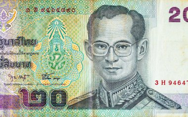 20 Tayland Baht Banknotunda Kral Bhumibol Adulyadej Rama IX yer alıyor. Asya 'nın parası. Tayland Para Birimi