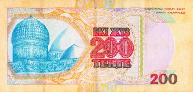 200 Kazakistanlı Tenge Banknote 'un tersi. Khoja Ahmed Yasawi Anıtmezarı. Kazakistan 'ın klasik parası. Asya para birimi.