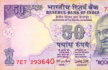 Mahatma Gandhi 'nin portresini içeren 50 rupluk Hint banknotu. Güney Asya finans, bankacılık ve küresel ticaret. Hindistan 'ın para birimi.