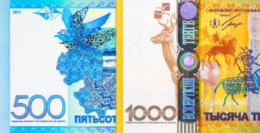 Kazakistan para birimi 500 Tenge ve 1000 Tenge. Kazakistan 'ın yeni parası. Asya para birimi.