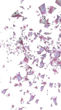 Uçan Avro banknotları beyaz bir arkaplanda izole edilmiş. Havada para uçuyor. 500 EURO renkli. 3B illüstrasyon