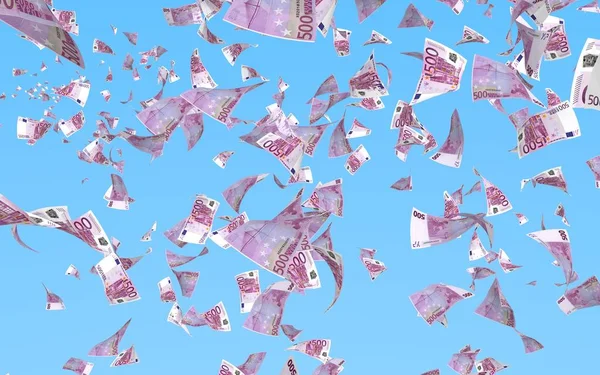 Flying Euro Banknotes Sky Background Money Flying Air 500 Euro — Stock Photo, Image