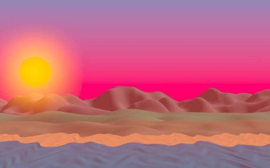 Sun Sea Beach. Sunrise. Sahilde dalgalarla okyanus kıyısı. Dalgalar ile Ada plaj cenneti. Tatil, yaz, rahatlama. Deniz manzarası, deniz kıyısı. Minimalist manzara, ilkellik. 3d illüstrasyon