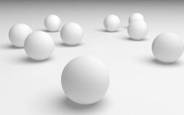 Beyaz soyut arka plan. Beyaz toplar beyaz arka planda izole edilmiş. 3B illüstrasyon