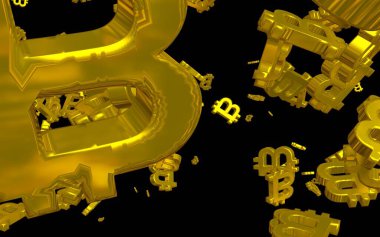 Karanlık bir arka planda dijital para birimi sembolü Bitcoin. Bitcoin düşüşü. Sanal ekranda kripto para birimi grafiği. İş, finans ve teknoloji kavramı. 3B illüstrasyon