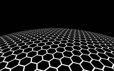 Koyu arkaplanda koyu bir bal peteği. Çokgenin perspektif görüntüsü bal peteğine benziyor. Top, gezegen, ağ, bal peteği ve hücrelerle kaplı. 3B illüstrasyon