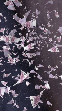 Uzay yıldızlı arka planda euro banknotları uçurmak. Uzayda para uçuyor. 500 EURO renkli. Dikey oryantasyon. 3B illüstrasyon