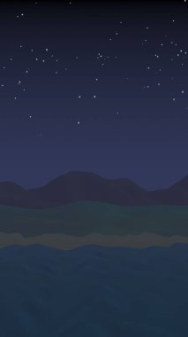 Yıldızlı aysız gökyüzü. Sahilde dalgalarla okyanus kıyısı. Dalgalar ile Ada plaj cenneti. Tatil, yaz, rahatlama. Deniz manzarası, deniz kıyısı. Minimalist manzara, ilkellik. 3d illüstrasyon