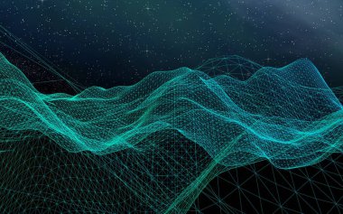 Karanlık bir arka planda soyut bir manzara. Siber uzay şebekesi. Merhaba teknoloji ağı. Uzay boşluğu. Yıldızlı uzay dokusu. 3B illüstrasyon