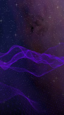 Karanlık bir arka planda soyut ultraviyole manzara. Mor siber uzay şebekesi. Merhaba teknoloji ağı. Uzay boşluğu. Mor yıldızlı uzay dokusu. 3B illüstrasyon